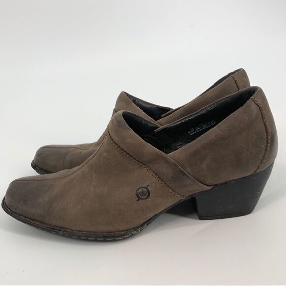 BORN Taupe Distressed Leather Square Toe Heeled Clog Mule - Picture 1 of 12